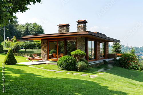 A small house with a minimalist exterior, surrounded by a well-manicured lawn.