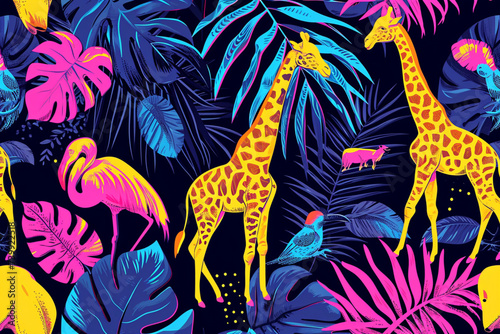 a graphic design highlight for Instagram  a neon safari pattern  party disco animals