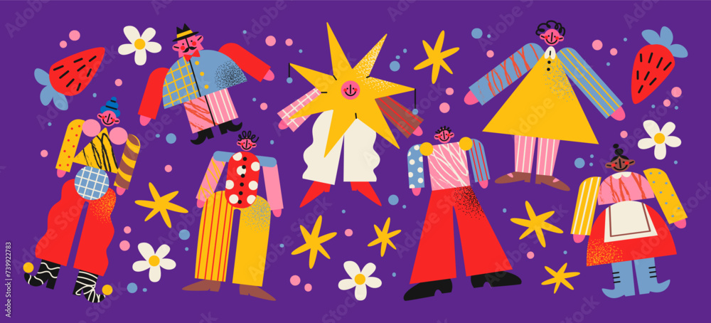 Cartoon geometric mascot characters pattern. Geometric shapes, various shapes. Retro set of abstract people in cartoon comic groovy style Cartoon geometric mascot characters pattern. Geometric shapes, various shapes. Retro set of abstract people in cartoon comic groovy style
