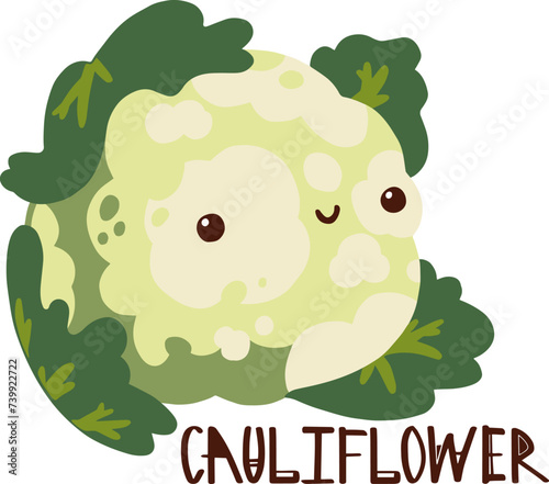 Funny light green cauliflower cabbage vegetable with cute smiling face. Vector flat style cartoon illustration with lettering.