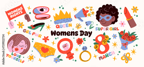 Set cartoon feminist stickers for March 8, International Women's Day. Stickers for the spring holiday, a bouquet of flowers, lipstick, girls power. Vector doodle set	 photo