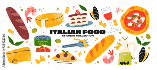 Cartoon Italian food stickers. Set of traditional dishes: pasta, pizza, cheese, ravioli, wine, olives. Tourist stickers, Italian delicacies. Vector set of elements photo