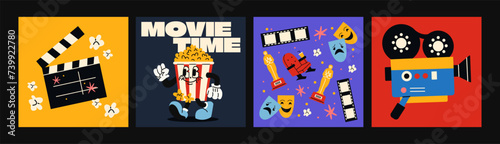 Set cartoon movie cinema posters. Popcorn character in gloved hands, film, cinema. Funky groovy hipster stickers in 90s style. Vector set, trendy promo pattern banners