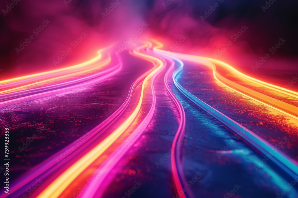 Neon light trails on a curved road in a dark mystical environment