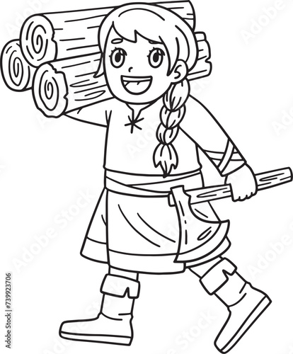 Viking with an Axe and Wood Isolated Coloring Page