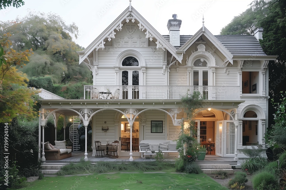 A minimalist Victorian-style house with a white exterior.