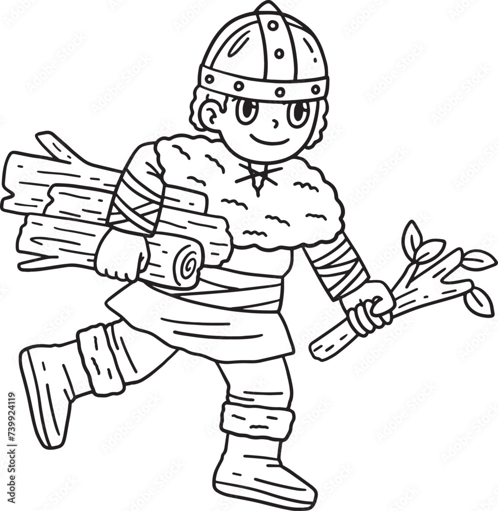Viking Child Gathering Logs Isolated Coloring Page Viking Child Gathering Logs Isolated Coloring Page