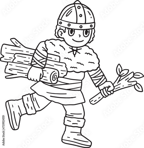 Viking Child Gathering Logs Isolated Coloring Page