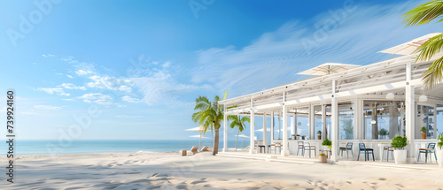 Relaxing Tropical Beach with Palm Trees and Clear Blue Sky