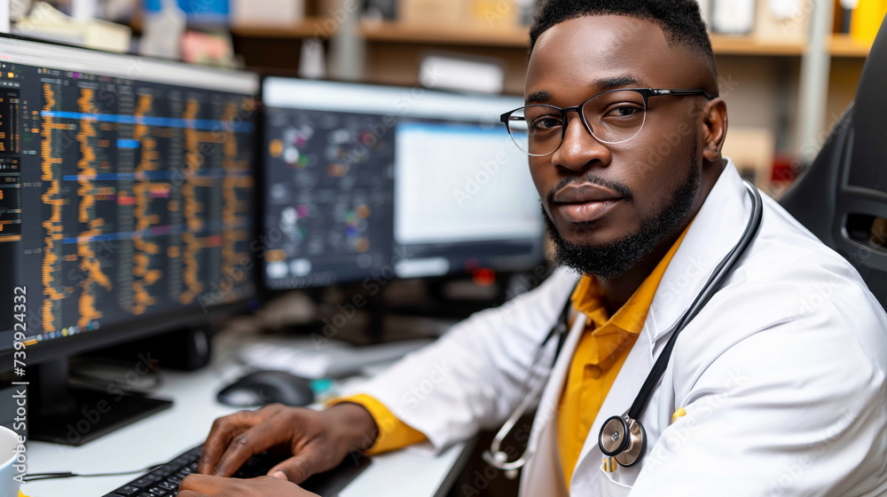 Fototapeta premium Confident male doctor working at a desk with multiple computer screens showing medical data.