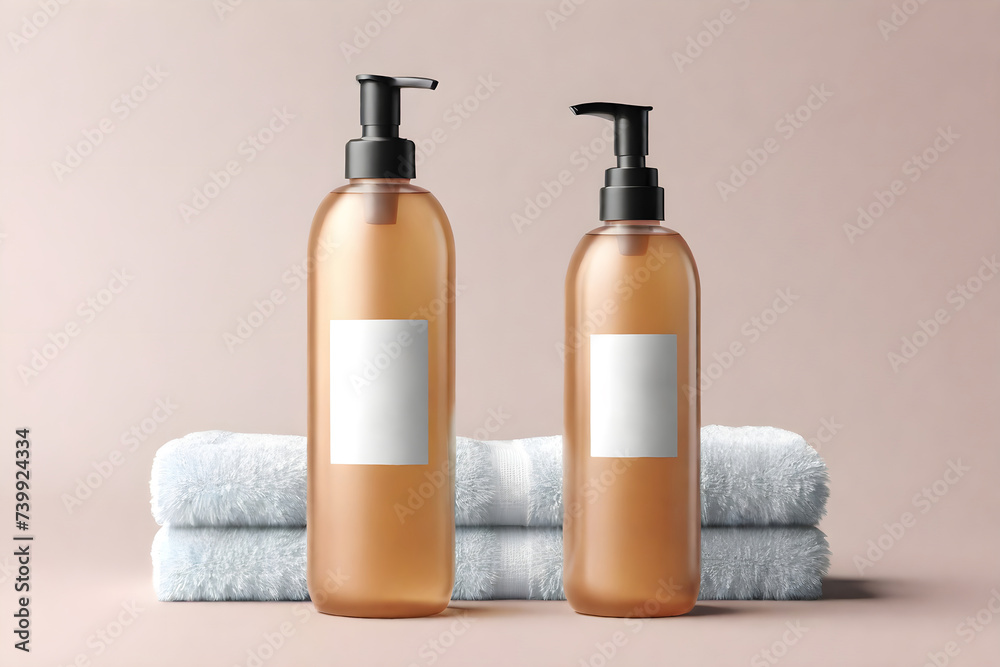 Empty bottle for soap or shampoo, mockup mockup. Shampoo bottle with towels in the background. Mock up display for cosmetics, make up, scent and skincare concept, beauty and health sector. Empty bottle for soap or shampoo, mockup mockup. Shampoo bottle with towels in the background. Mock up display for cosmetics, make up, scent and skincare concept, beauty and health sector.