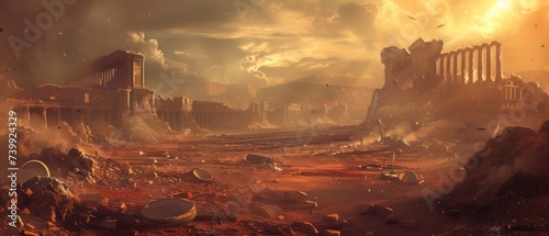 A vast ancient battlefield, echoing the last stand of a Roman Legion, with scattered shields, spears, and the ruins of a temporary fort under an aging sun photo