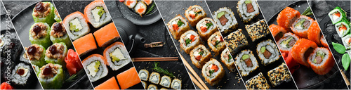 Photo collage. japanese sushi food. Maki and rolls with tuna, salmon, shrimp, crab and avocado. Top view of assorted sushi. Rainbow sushi roll, uramaki, hosomaki and nigiri.
