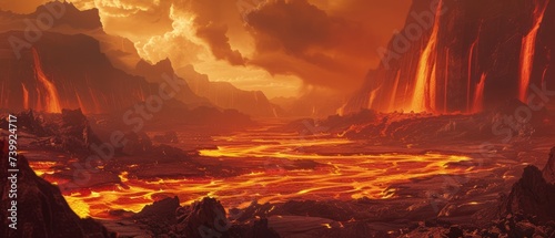 A vision of hell as a vast, infernal landscape, with rivers of lava flowing between jagged volcanic rocks, and ominous, smoky skies overhead. photo