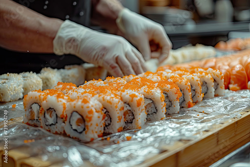 Imagen cercana de las manos de un chef experto elaborando sush photo