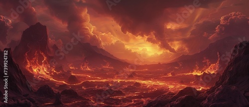 A vision of hell as a vast, infernal landscape, with rivers of lava flowing between jagged volcanic rocks, and ominous, smoky skies overhead.
