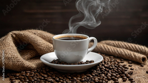 Hot Black Coffee in a white cup on coffee beans and burlap