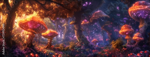 A whimsical landscape with oversized, colorful mushrooms dotting the terrain, and bioluminescent plants casting an otherworldly glow.