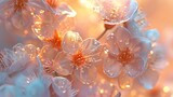 Extreme close-up of cherry blossom petals, some sunlit, others touched by frost: a poetic harmony of hot and cold, fluidity, and delicate leaf forms.