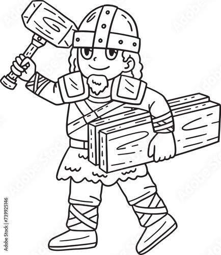 Viking with Wood Planks Isolated Coloring Page