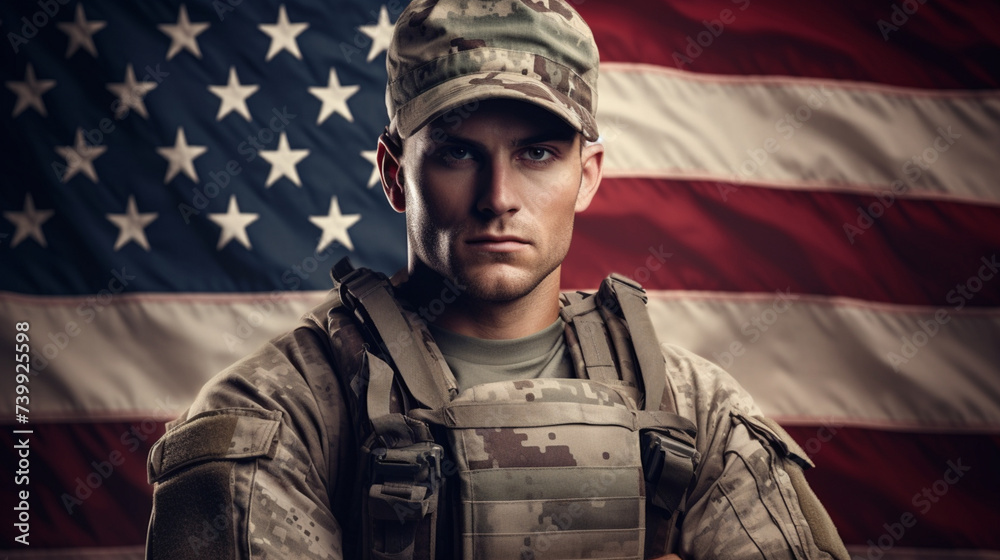 American US soldier against the background of the American flag. USA Independence Day, July 4th. Patriotic Holiday