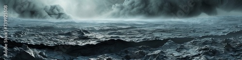 An ancient ocean on the lifeless Earth, vast and undisturbed, with thermal vents spewing minerals into the deep, dark waters, under a sky heavy with volcanic ash.