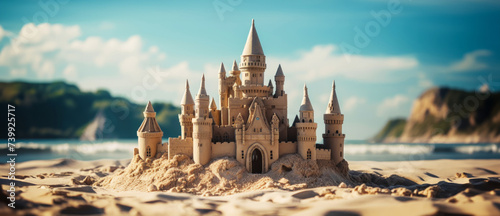 Grand intricate sandcastle on the beach during a summer day with a bluured city backdrop. Generative AI photo