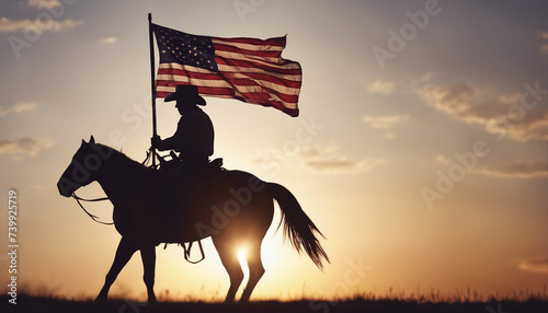 silhouette of a cowboy with an American flag on his horse, sunset
 #739925719