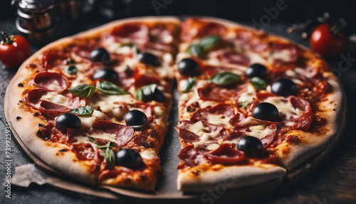 traditional italian pizza close-up, dark stone, above view, copy space for text 