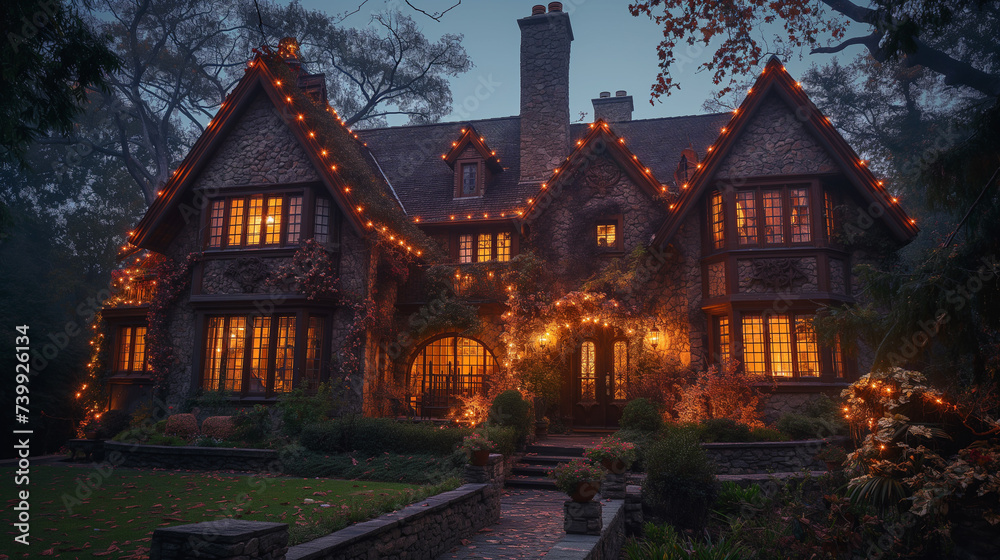 Quaint Tudor house adorned with twinkling fairy lights, casting a magical glow against the night sky. Wide-angle lens. Twilight.