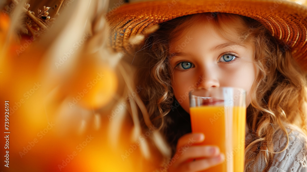 Portrait of small girl in hat with a glass of freshly squeezed orange juice. Orange garden background. Generative AI Portrait of small girl in hat with a glass of freshly squeezed orange juice. Orange garden background. Generative AI