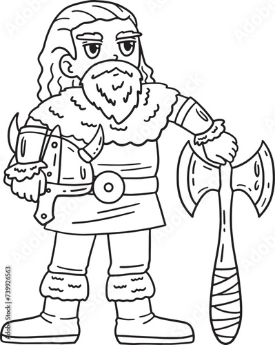 Viking Holding an Axe and Helmet Isolated Coloring