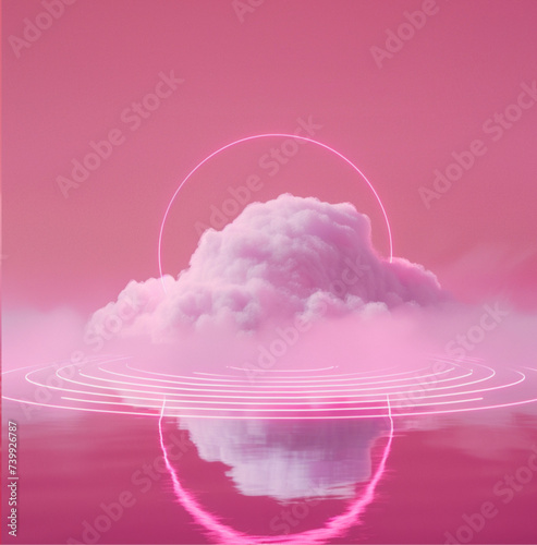 pastel pink background with a cloud in the center of the image, a neon pink laser circles it, perfect symetry vapor wave, grain photo