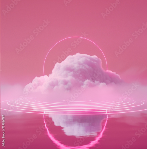 pastel pink background with a cloud in the center of the image, a neon pink laser circles it, perfect symetry vapor wave, grain