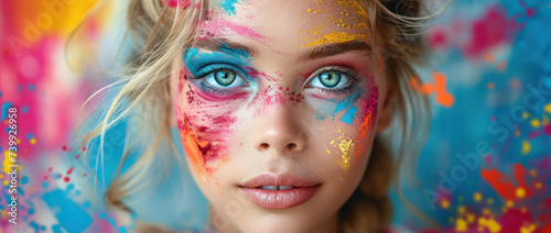 Colorful Beauty: Girl with Blue Eyes, Creative Fashion Portrait in Bright Makeup