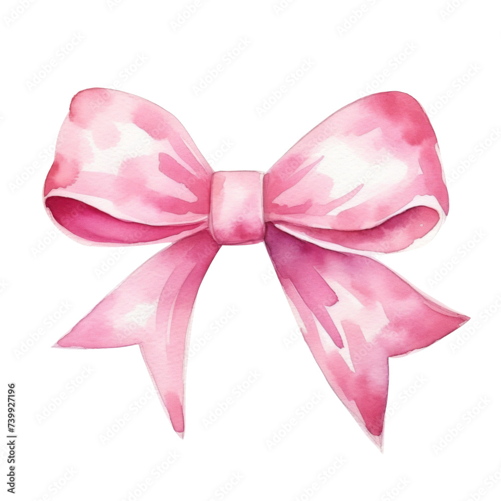 Pink bow ribbon, watercolor illustration, png isolated background.