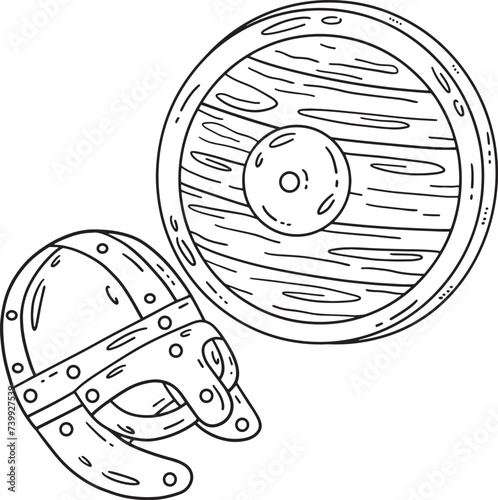 Viking Helmet and Shield Isolated Coloring Page 