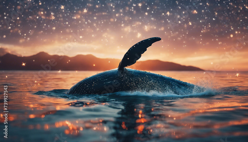 whale at the ocean, sunset view, sparkles and reflection on surface © abu
