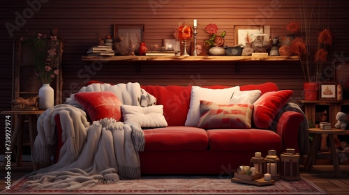 A cozy living space adorned with a deep red sofa, a fluffy white rug, and a collection of vibrant throw pillows, creating a warm and inviting atmosphere.