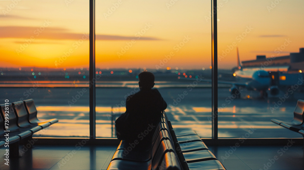 Man waiting for the flight departure during the sunset