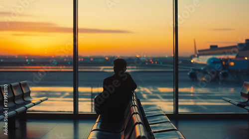 Man waiting for the flight departure during the sunset