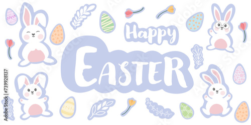 Easter stickers collection. Happy Easter stickers bunny or rabbit, eggs and flowers. Set of Easter sticker