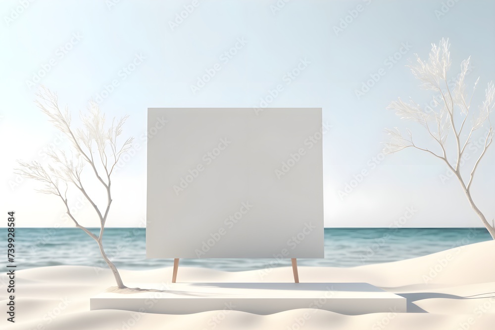 Tabletop standing in white sand for displaying and placing goods. A platform for goods with sand and a tree nearby. Tabletop standing in white sand for displaying and placing goods. A platform for goods with sand and a tree nearby.