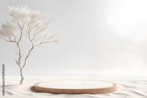 Tabletop standing in white sand for displaying and placing goods. A platform for goods with sand and a tree nearby.