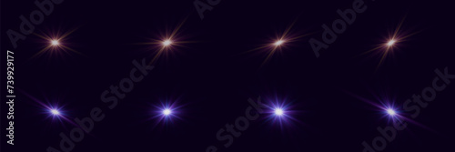 Set of light flares. Neon flash of light. The lights of the star and the sun's rays, sparks sparkle. Light effect of explosion and flash. Vector EPS10