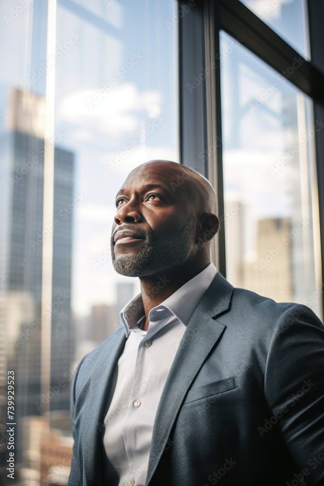 Pensive African American executive in modern office setting Pensive African American executive in modern office setting