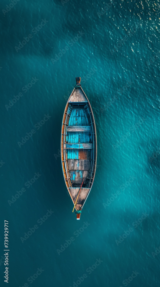 Top view of a retro fishing boat in blue clear ocean. Shade from the sun's rays. Ocean still life concept. Generative AI