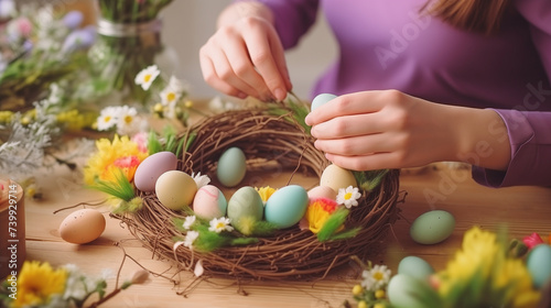 Handmade Easter wreath with colored eggs and spring flowers. Assembly process. Close-up.