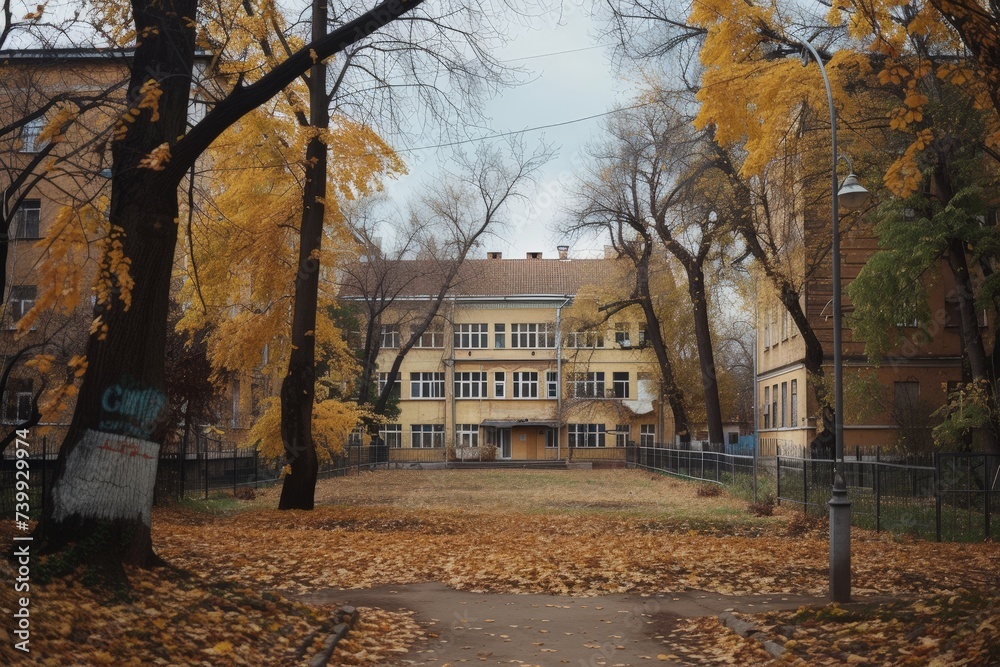 a building with yellow leaves on the ground