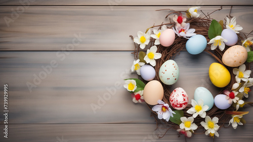 Handmade easter wreath with colored eggs and spring flowers, wood background, Easter concept, copy space, flat lay